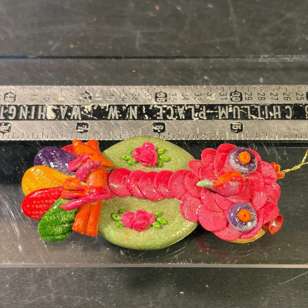 Handcrafted Bread Dough Bird Ornament Colorful Folk Art Floral Detail 4.25 Inch